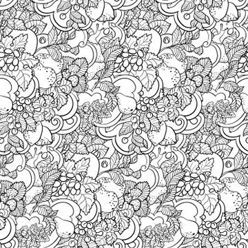 Seamless pattern with fruit ornament in coloring page book style with  abstra Stock Illustration