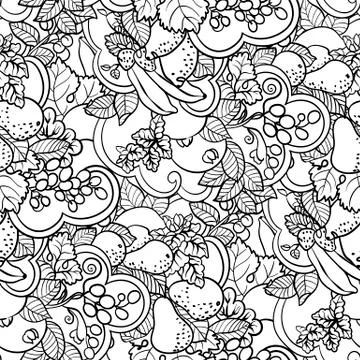 Seamless pattern with fruit ornament in coloring page book style with  abstra Stock Illustration