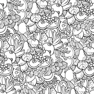 Seamless pattern with fruit ornament in coloring page book style with  abstra Stock Illustration