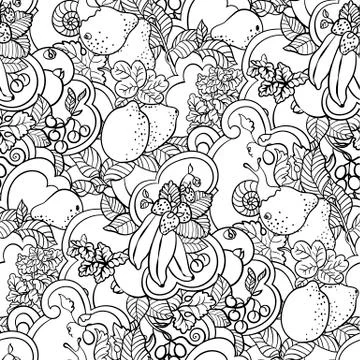 Seamless pattern with fruit ornament in coloring page book style with  abstra Illustrazione stock