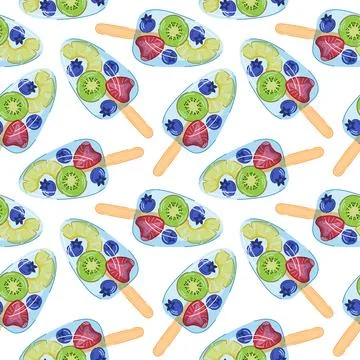 Seamless pattern of fruit popsicle with slices of kiwi, pineapple, strawberry Stock Illustration