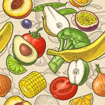 Seamless pattern fruits and vegetable. Vector engraving on craft paper Stock Illustration