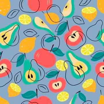 Seamless pattern of fruits apples, pears, lemons, halves, leaflets on a blue Stock Illustration