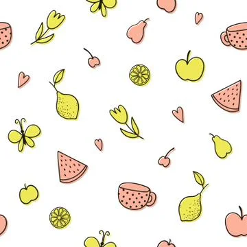 Seamless pattern with fruits doodles. Stock Illustration