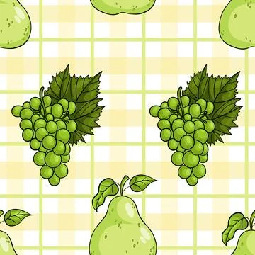 Seamless pattern with fruits green ripe pear and bunch grapes on yellow whi.. Stock Illustration
