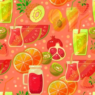 Seamless pattern with fruits juice. Bright print design, vector. Stock Illustration