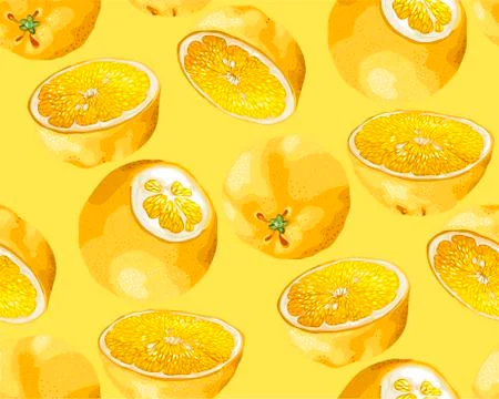 Seamless Pattern with fruits of orange tree in different shapes and halves Stock Illustration