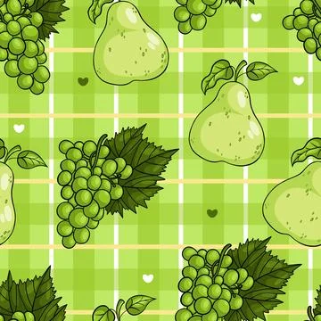 Seamless pattern with fruits pear and grapes on green checkered background... Stock Illustration