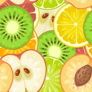 Seamless pattern fruits. Slice apple, kiwi, peach, lime, lemon, orange Stock Illustration