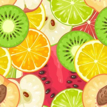 Seamless pattern fruits. Slice apple, kiwi, peach, lime, lemon, orange Stock Illustration