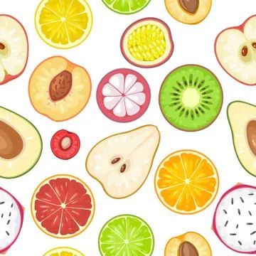 Seamless pattern fruits. Slice apple, kiwi, lemon, orange, mango, avocado 스톡 일러스트