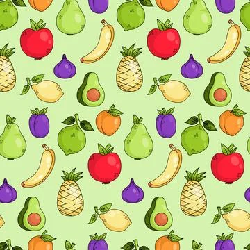 Seamless pattern with fruits tropical pineapple and banana, fig and citrus,.. Stock Illustration