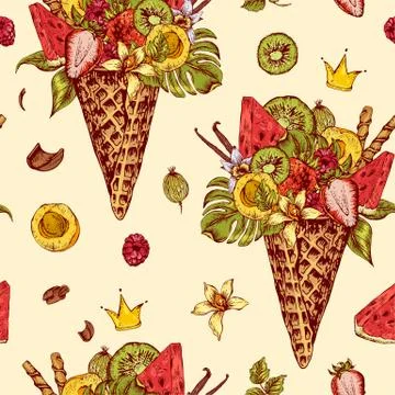 Seamless pattern with a fruity cocktail in waffle cone Illustrazione stock