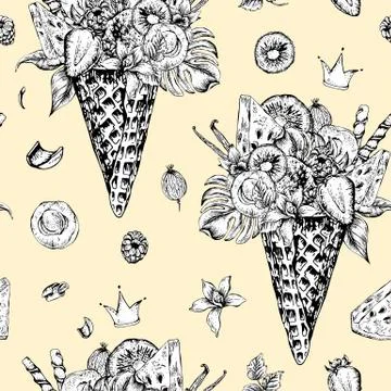 Seamless pattern with a fruity cocktail in waffle cone 스톡 일러스트