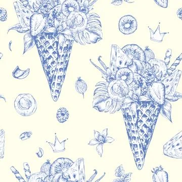 Seamless pattern with a fruity cocktail in waffle cone Illustrazione stock