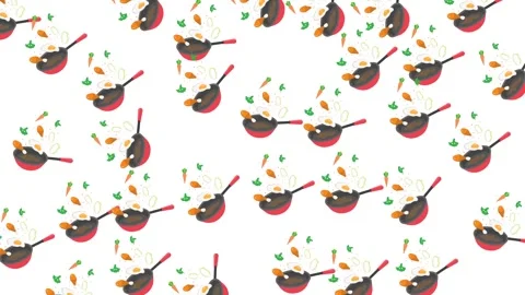 Seamless Pattern of Frying Pans with Flying Food Ingredients on White Background Stock Footage 345539044