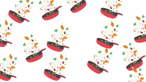 Seamless pattern of frying pans with flying food ingredients on white background Stock Footage 345539049