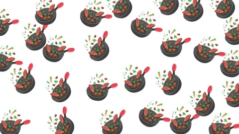 Seamless Pattern of Frying Pans with Tossing Meat and Vegetables Illustration Stock Footage 345539051