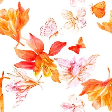 Seamless pattern with fuchsia flowers and butterflies, golden to Stock Illustration
