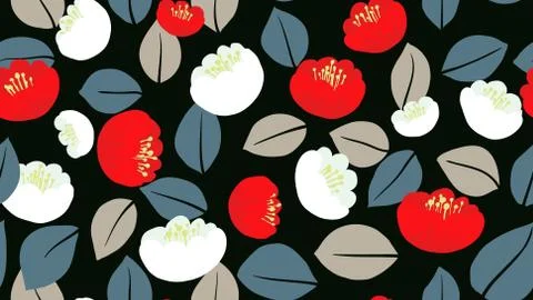 Seamless pattern, full bloom red and white Camellia flowers with leaves Stock Illustration