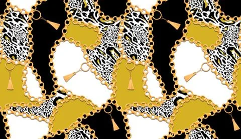 Seamless pattern full of chains and colorful leopard. Vintage elements. Women's Stock Illustration