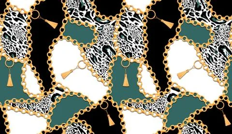 Seamless pattern full of chains and colorful leopard. Vintage elements. Women's Stock Illustration