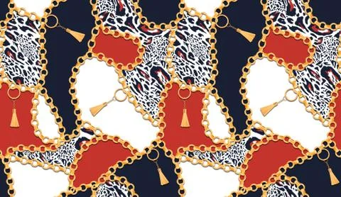 Seamless pattern full of chains and colorful leopard. Vintage elements. Women's Stock Illustration