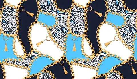 Seamless pattern full of chains and colorful leopard. Vintage elements. Women's Stock Illustration