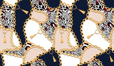Seamless pattern full of chains and colorful leopard. Vintage elements. Women's Stock Illustration