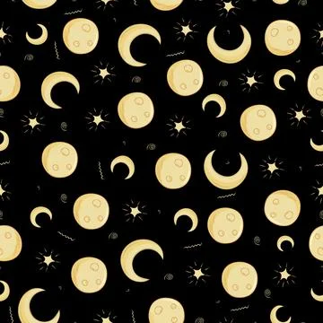 A seamless pattern with a full moon, a crescent moon and a star on a black Stock Illustration