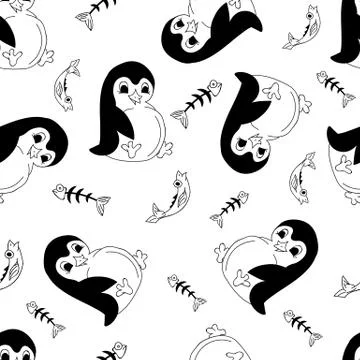 Seamless pattern with a full penguin with a fish and bones from the fish. Illustrazione stock
