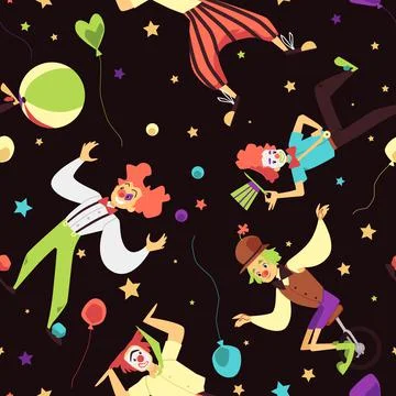 Seamless pattern with fun clown circus a flat cartoon vector illustration. Stock Illustration