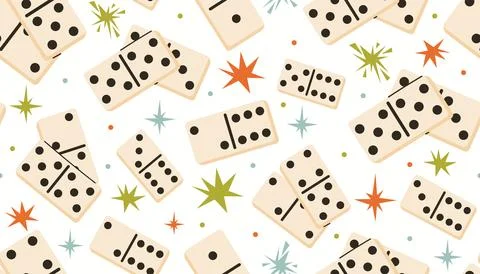 Seamless pattern with fun domino game pieces, funky stars and tiny dot acce.. 스톡 일러스트