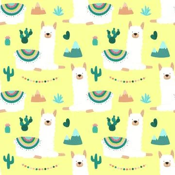 Seamless pattern of fun hand-drawn white llamas or alpacas, cacti, mountains, Stock Illustration