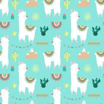 Seamless pattern of fun hand-drawn white llamas or alpacas, cacti, mountains, Stock Illustration