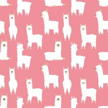 Seamless pattern of fun hand-drawn white llamas or alpacas on a pink backgrou Stock Illustration