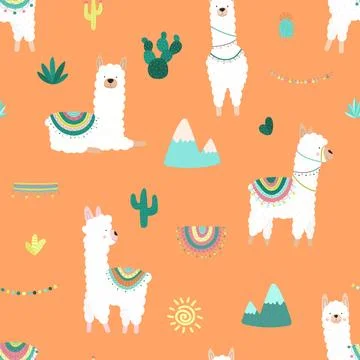 Seamless pattern of fun hand-drawn white llamas or alpacas, cacti, mountains, Stock Illustration
