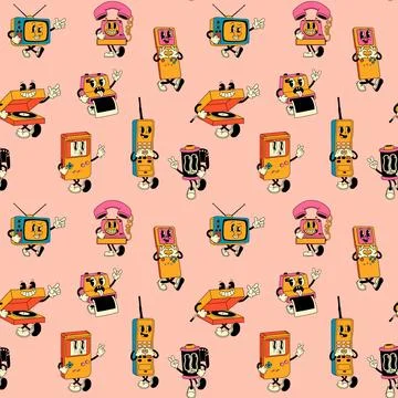 Seamless pattern with Funky Cartoon Collection of Old-School Electronics Stock Illustration