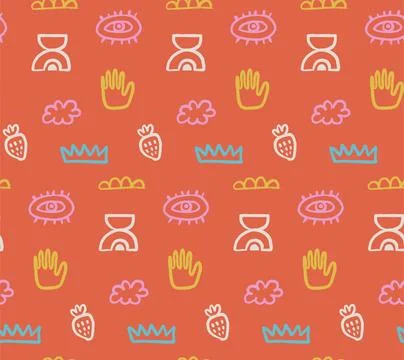 Seamless pattern with funky hand drawn doodles. Cute cartoon girly background Stock Illustration