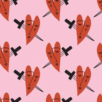 Seamless pattern funky ugly Valentines heart, bloody knife. Stock Illustration
