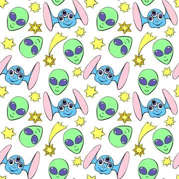 Seamless pattern with funny Aliens heads, stars in doodle flat style. Human.. 스톡 일러스트