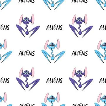 Seamless pattern with funny Aliens, inscriptions in doodle flat style. Huma.. 스톡 일러스트