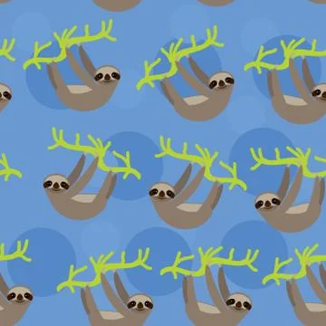 Seamless pattern funny and cute smiling Three-toed sloth on green branch tree Stock Illustration
