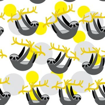 Seamless pattern funny and cute smiling Three-toed sloth on branch tree creep Stock Illustration