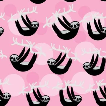 Seamless pattern funny and cute smiling Three-toed sloth on grey branch tree  Stock Illustration