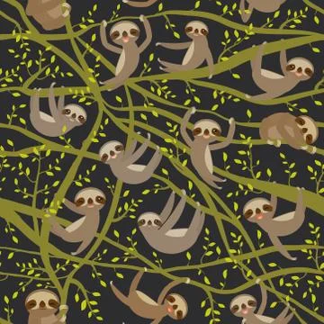 Seamless pattern funny and cute smiling Three-toed sloth on green branch tree Stock Illustration