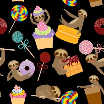 Seamless pattern funny and cute smiling Three-toed sloth collection with pink Stock Illustration