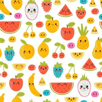 Seamless pattern with funny and happy kawaii fruit. Summer tropical healthy.. Stock Illustration