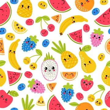 Seamless pattern with funny and happy kawaii fruit. Summer tropical healthy.. Stock Illustration