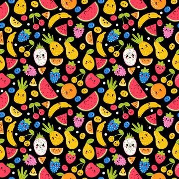 Seamless pattern with funny and happy kawaii fruit. Summer tropical healthy.. Stock Illustration
